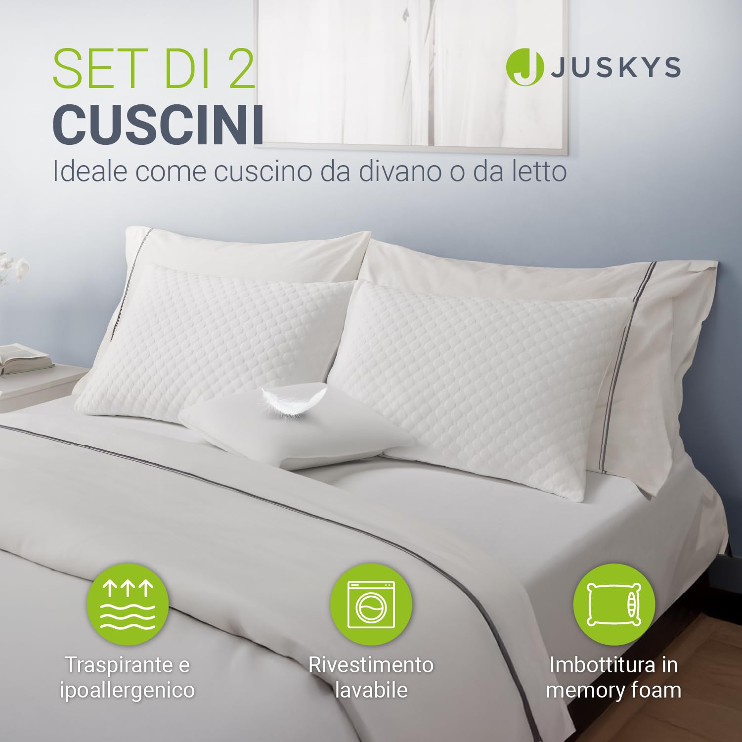 Juskys set da due cuscini da 40x60 cm per il letto – Imbottitura traspirante in memory foam – Fodera lavabile – Bianco