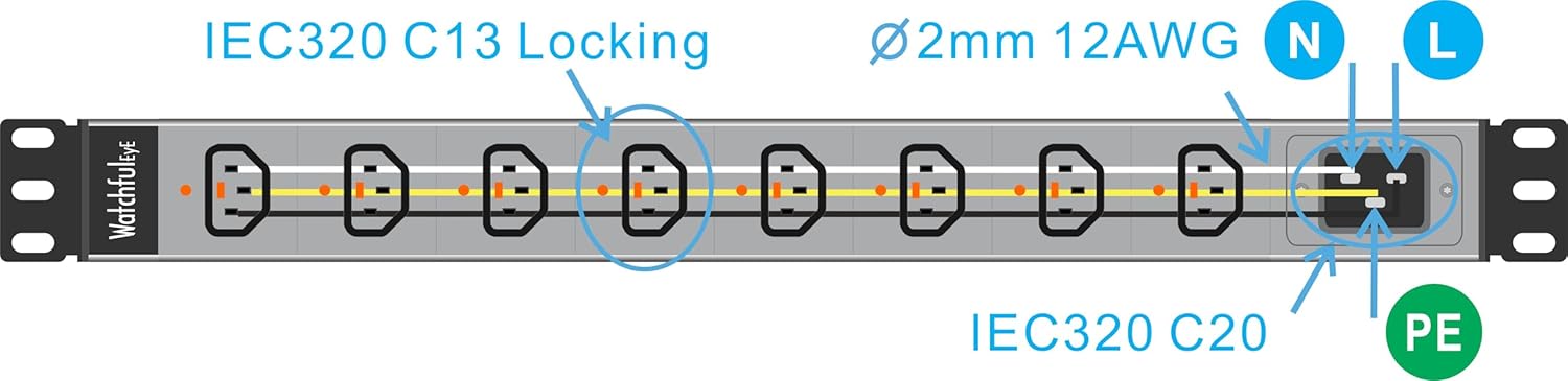 WTH-CS/PDU-C13-E Locking (US121055E) Heavy Duty Metal 1U Rack Mount PDU, Inlet C20 20A 120/240V Open end (Without Extension Cord), Outlet C13 Locking x8 Ports
