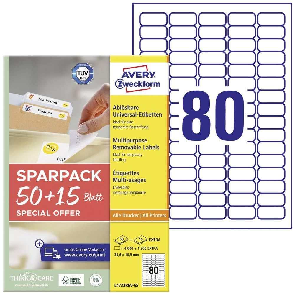 AVERY Zweckform L4732REV-65 Universal Labels (4,000 Plus 1,200 Extra Adhesive Labels, 35.6 x 16.9 mm on A4, Removable/Removable, Printable, Self-Adhesive Stickers) 65 Sheets, White