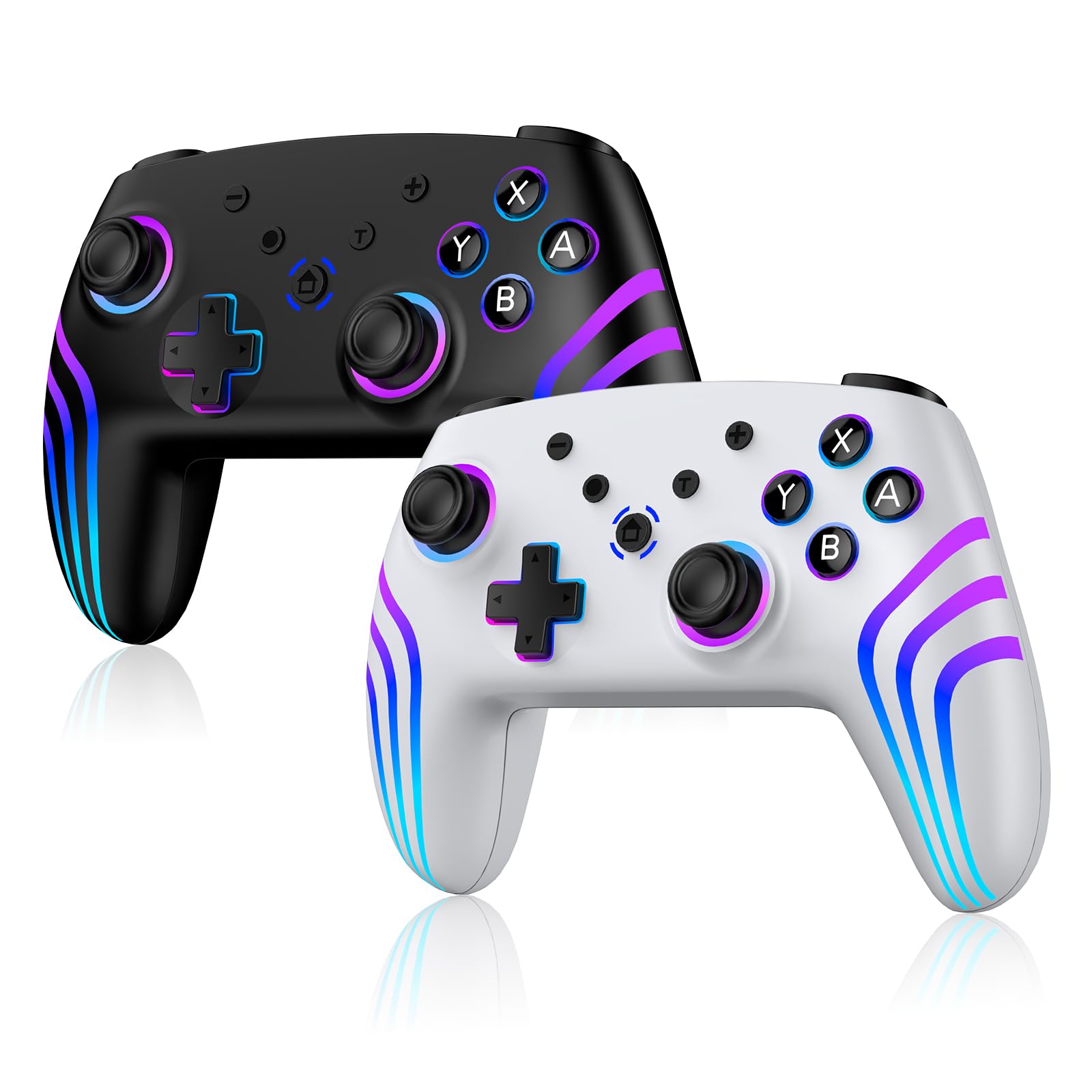 Riscvma 2pcs Controller per Switch/Switch 2/Lite/OLED/PC, Controller per Nintendo Switch con RGB 7 Colori Cambiabili/Vibrazione Duale/Giroscopio 6 Assi/Turbo, Ergonomico e Joystick, Nero+Bianco