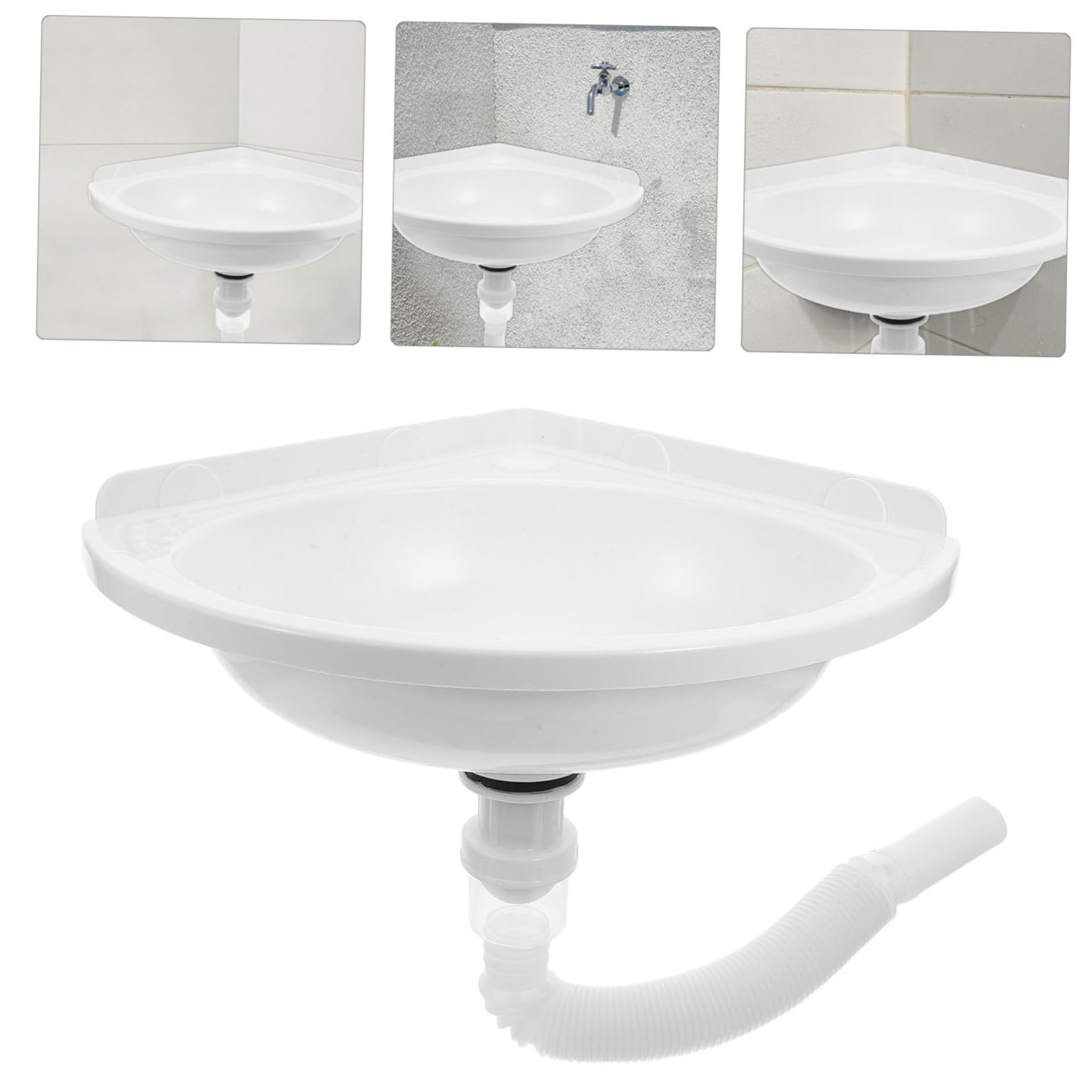 WOONEKY Lavabo de Baño Suspendido de Esquina Triangular en Plástico y Acero Inoxidable, Diseño Moderno para Optimización de Espacio y Fácil Mantenimiento en Baños Pequeños