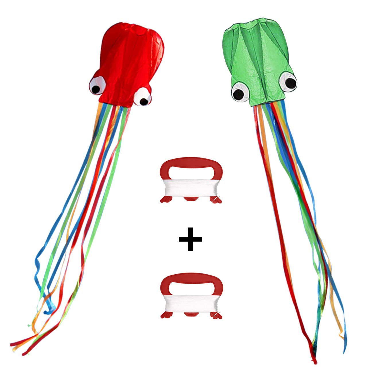 Bamyko Kite 2 Pack Large Octopus Kites, Easy Flyer Kite for Kids and Adults, Max to 31 Inches Wide & 157 Inches Long, with Colorful Tail, Beautifull Beach Kite Perfect for Beach or Park (Red,Green)