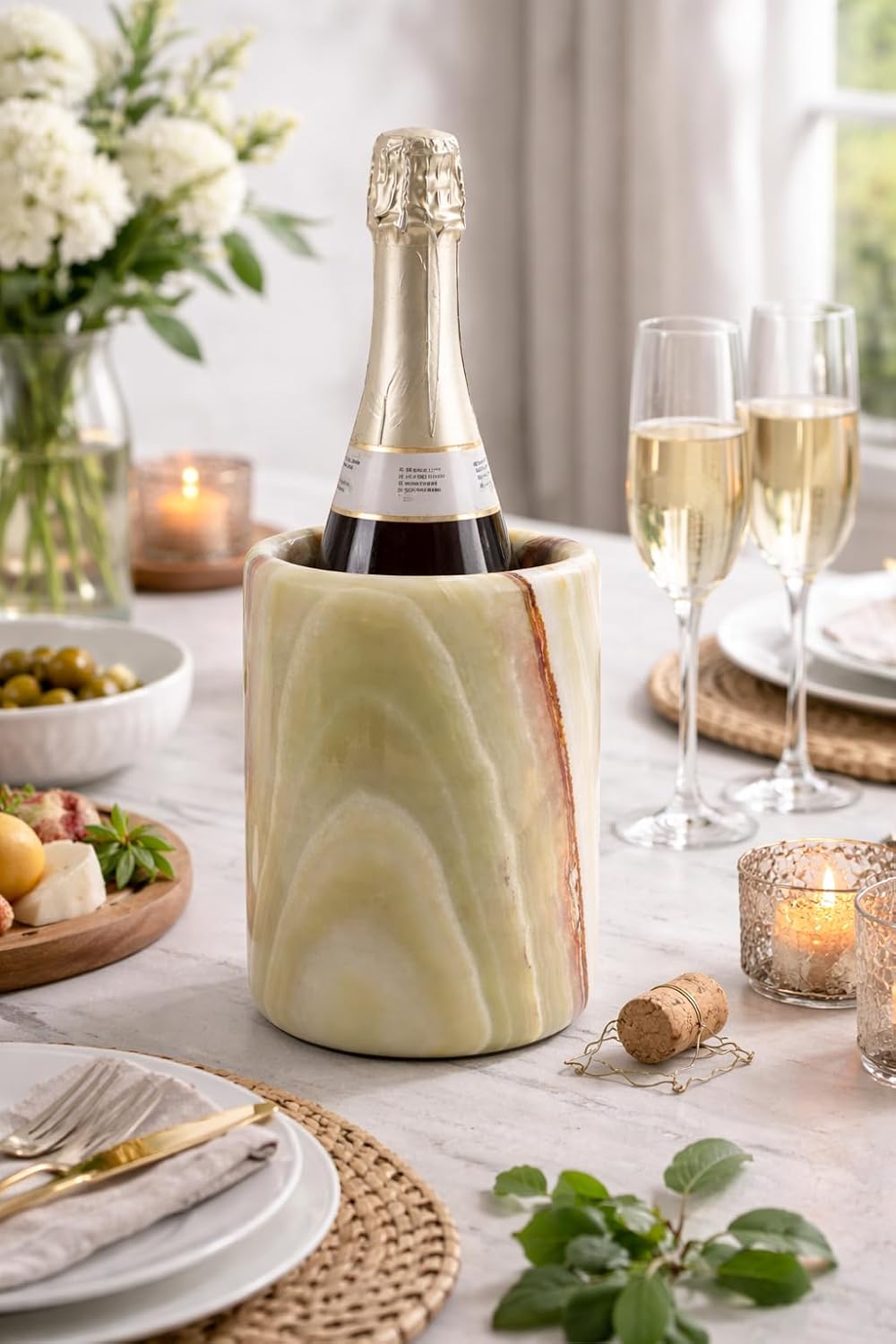 Marble Wine Chiller 6.5 Inch Green Stone Wine Chiller - Champagne Chiller, Wine Bottle Holder for White Wine Gifts, Marble Wine Cooler for Parties and Home Bar Decor
