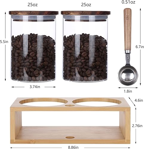 Miniatura 3 de KKC - Recipientes de vidrio con tapas herméticas y cuchara, recipientes de vidrio sellado para té suelto, café molido, azúcar, tarros de madera