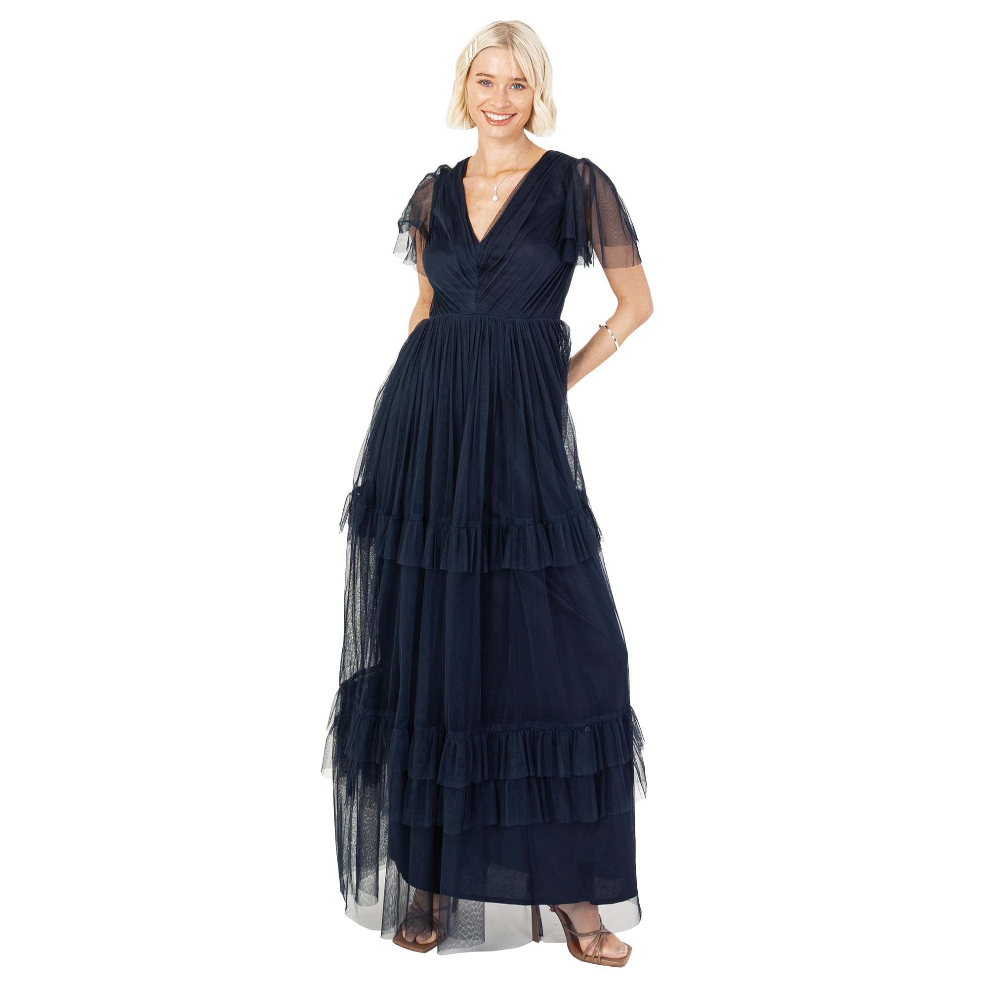 Maxi-jurk voor dames, korte mouwen, avondjurk, baljurk, gelaagde V-hals Maxi-jurk voor dames, korte mouwen, avondjurk, baljurk, gelaagde V-hals