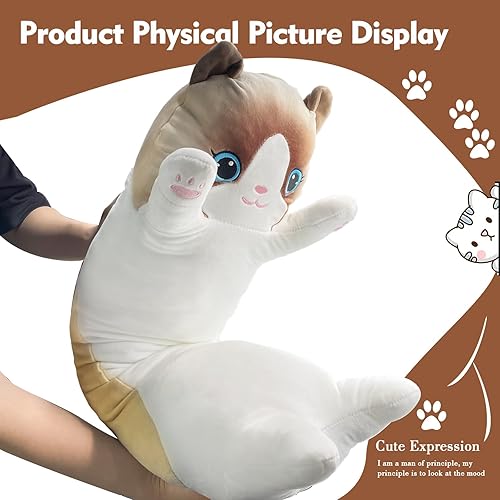 Vista 22 de Almohada larga de felpa de gato, 35.4 pulgadas, lindo peluche de gato amarillo, almohada corporal de animales de peluche, juguete de peluche suave