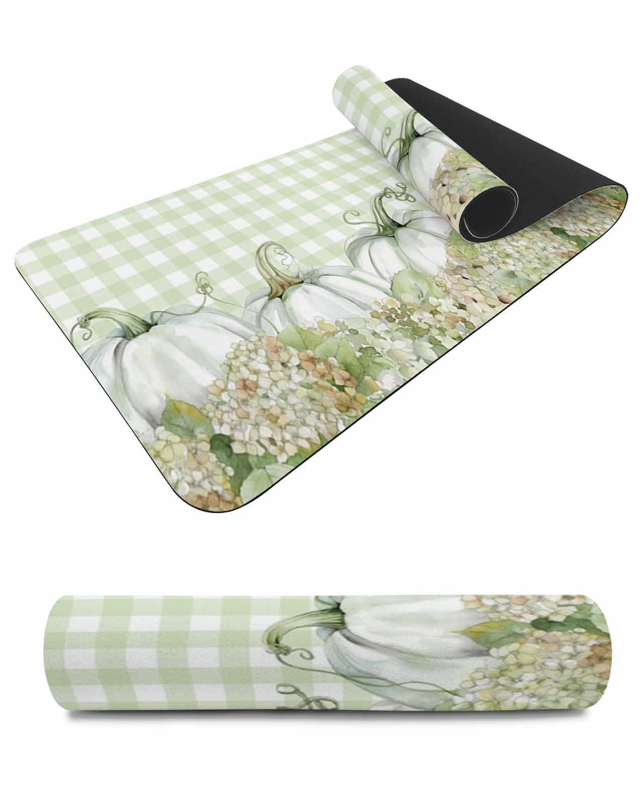 Debedcor Heat Proof Table Pads Waterproof Decorative, Green Fall Pumpkins Non-Slip Table Countertop Protector, Autumn Pale Green Floral Plaid Insulation Mat for Kitchen Room, 40 x 12 Inches