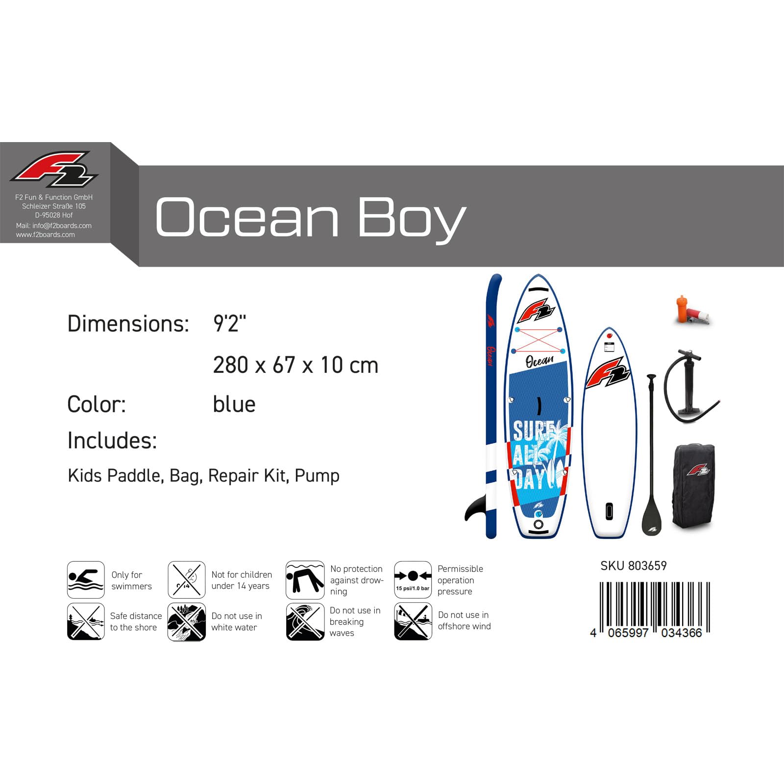 F2 Junior SUP Stand Up Paddle Board Ocean Boy 8'2''/9'2" wählbar Blau