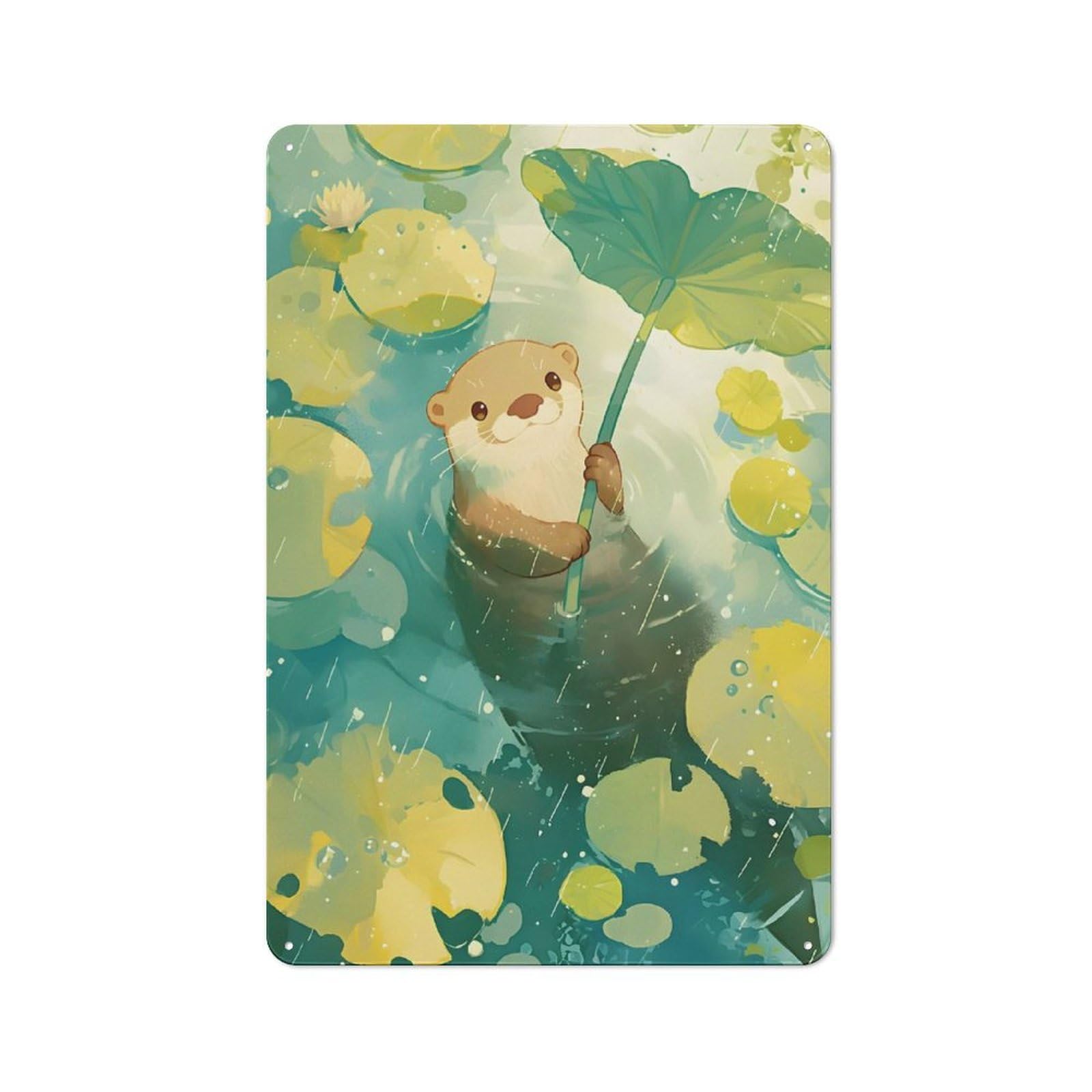 Junmoney Otter In The Rain With Lilypad Tin Sign 30X20cm With For Café Or Home Bar, Rustic Decor, For Café-Style Decor Fans