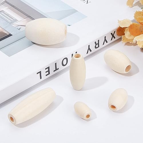 Miniatura 5 de OLYCRAFT 210 cuentas ovaladas de madera natural, cuentas de madera natural de tamaño mixto, cuentas de barril de madera sin terminar, cuentas