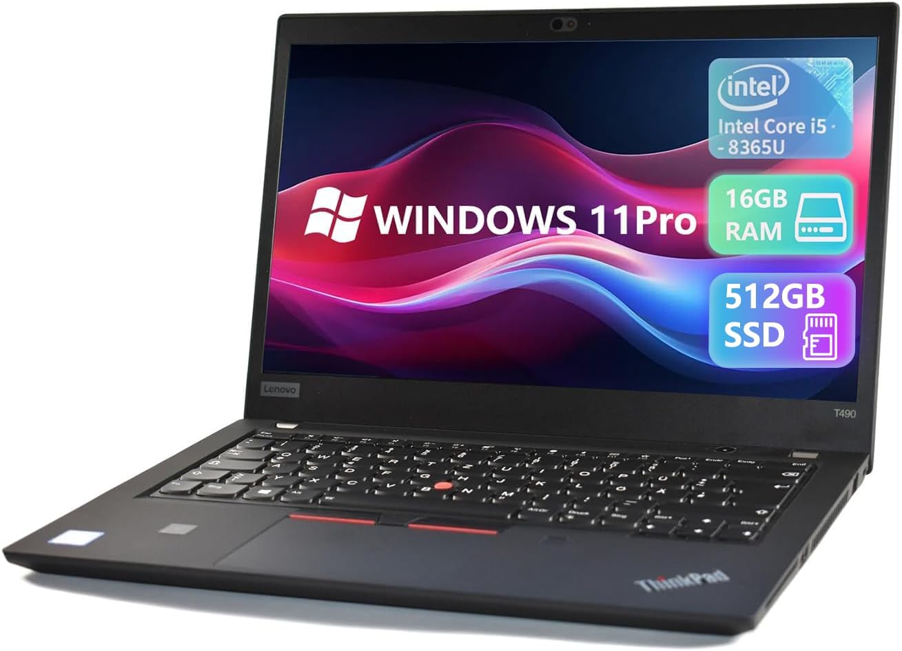Lenovo Thinkpad T490 Business Laptop, 14" FHD (1920 x 1080), Intel Core i5-8365U, 16 GB RAM, SSD da 512 GB, tastiera QWERTY Windows 11 Pro (ricondizionato)