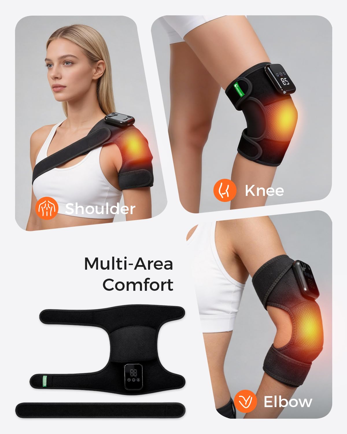 3-in-1 Kniemassagegerät zur Schmerzlinderung mit Wärme, tragbare beheizte Kniebandage mit Verlängerungsgurt für Knie, Ellenbogen und Schulter, schnurlose wiederaufladbare elektrische