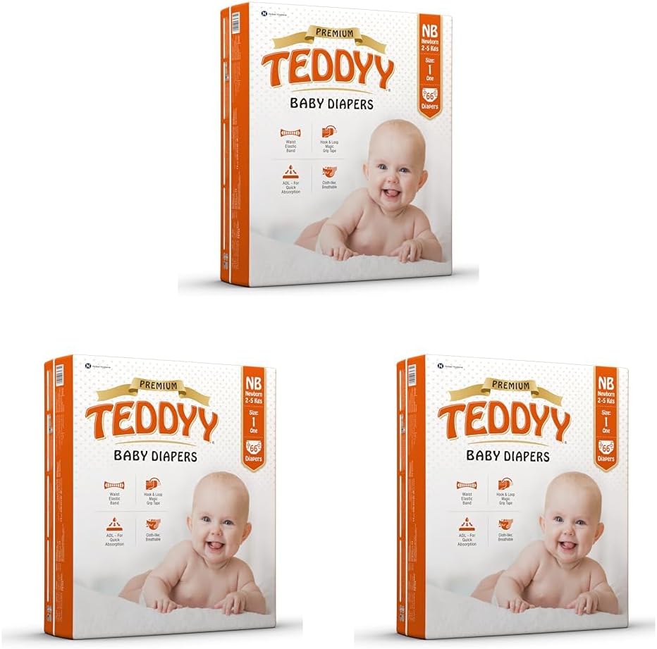 TEDDYY Baby Diapers Tapes Arabic Premium New Born 66 Count (Pack of 3), 2-5 kgs, High Absorbency, Anti - Bacterial
