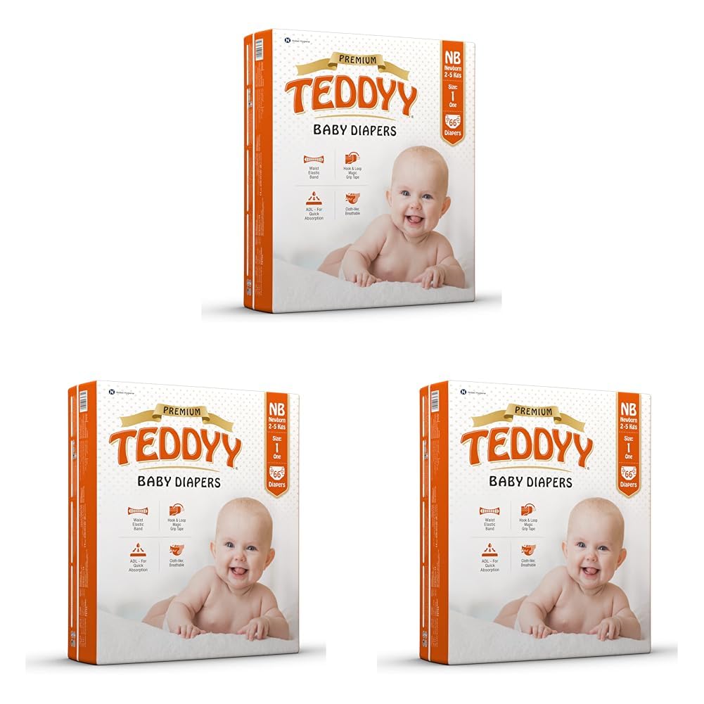 TEDDYY Baby Diapers Tapes Arabic Premium New Born 66 Count (Pack of 3), 2-5 kgs, High Absorbency, Anti - Bacterial