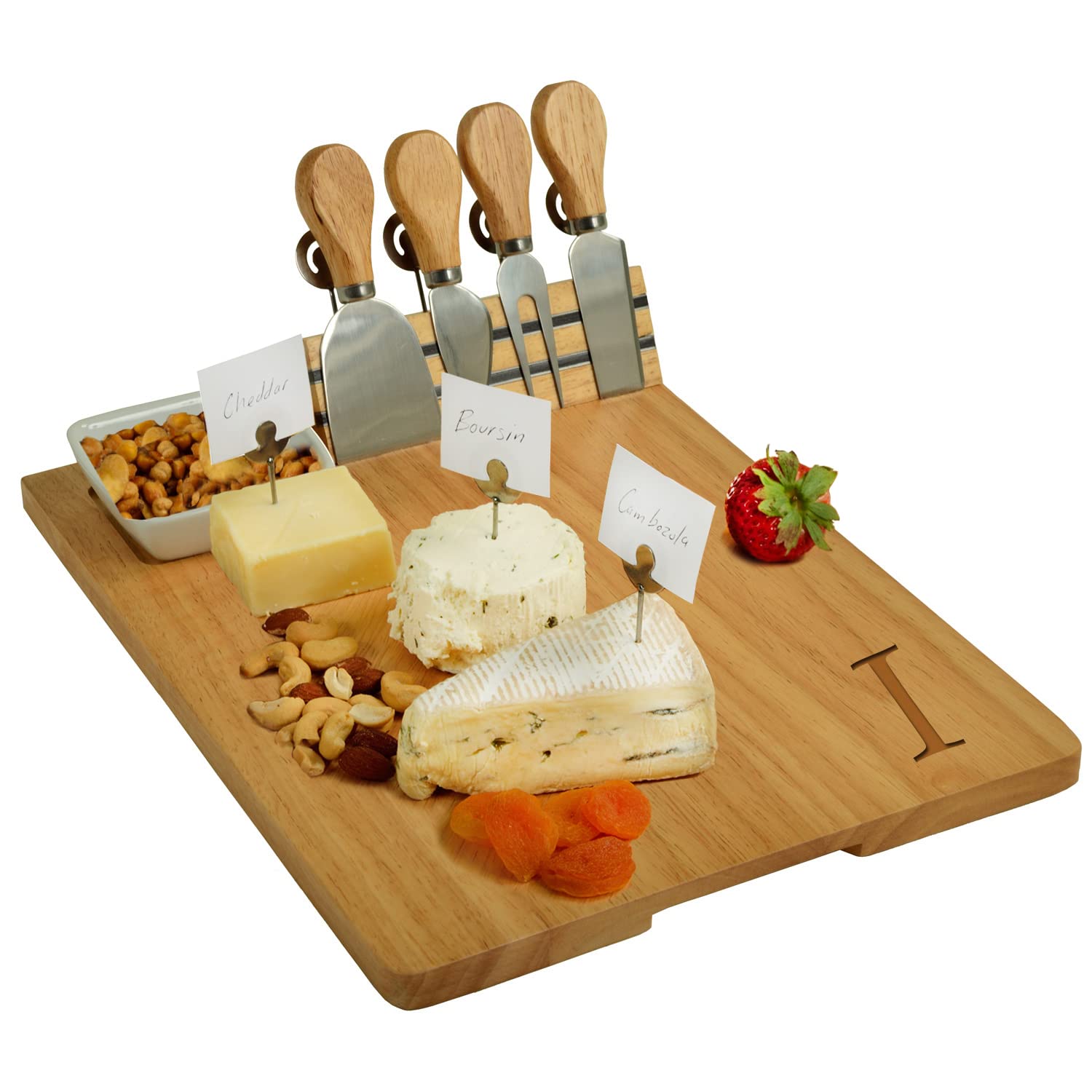 Personalized Monogrammed Laser Engraved Hardwood Board for Cheese & Appetizers - includes 4 Cheese Knives, Cheese Markers & Ceramic Dish - Designed by Picnic at Ascot in California