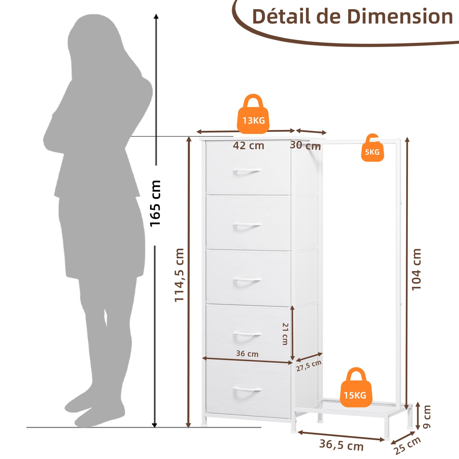 Somdot Commode Chambre avec Penderie, Meuble de Rangement Chambre à 5 Tiroirs en Tissu, Commode pour Salon, Couloir, Entrée, Adult, 30P x 79l x 114,5H, Blanc
