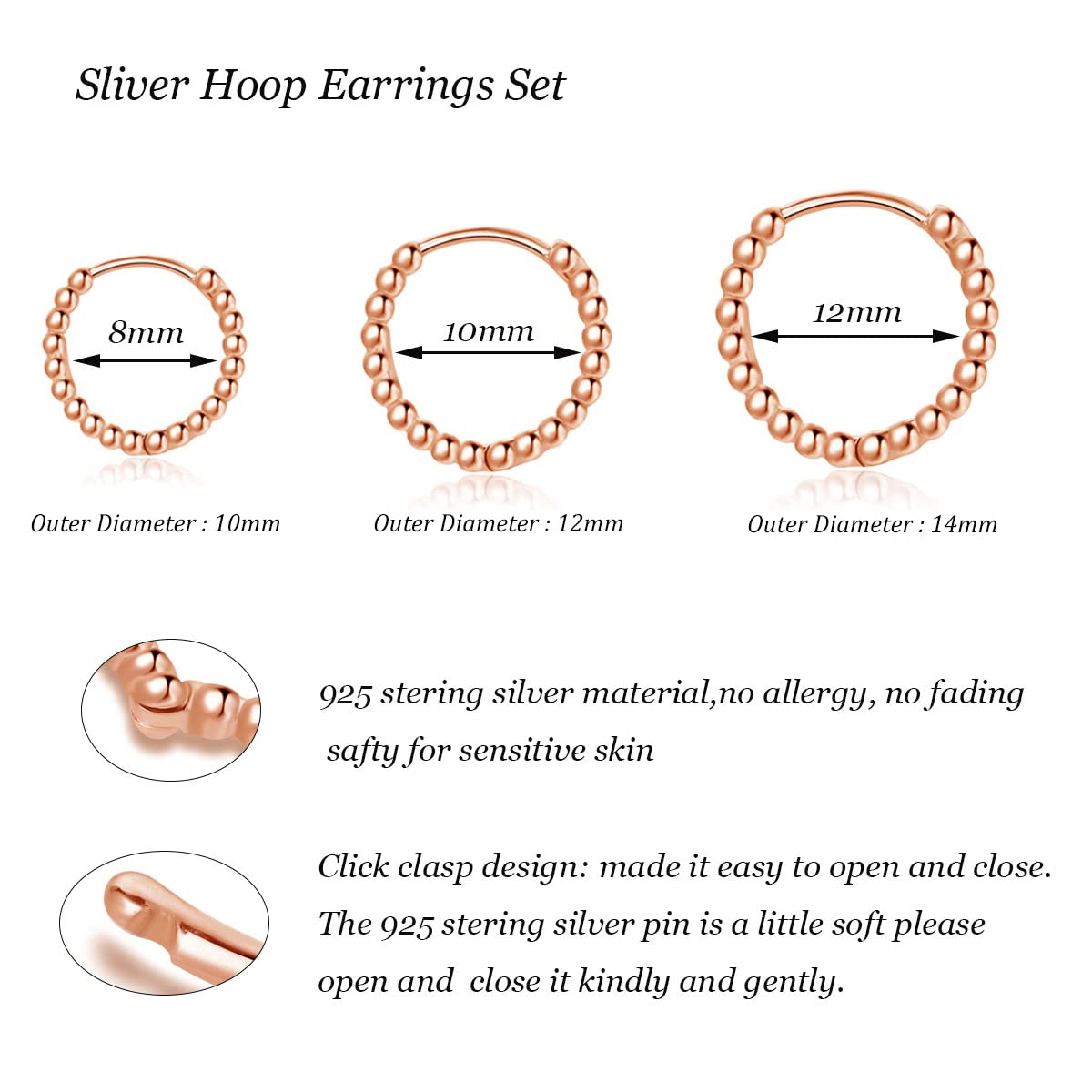 Creolen Silber Damen Ohrringe, 3 Paare 925 Sterling Silber Creolen Ohrringe Set, Hypoallergen Klein Schlafen Creolen Ohrringe, Unisex Silber Perlen Kreolen Ohrringe Set in 10, 12, 14mm