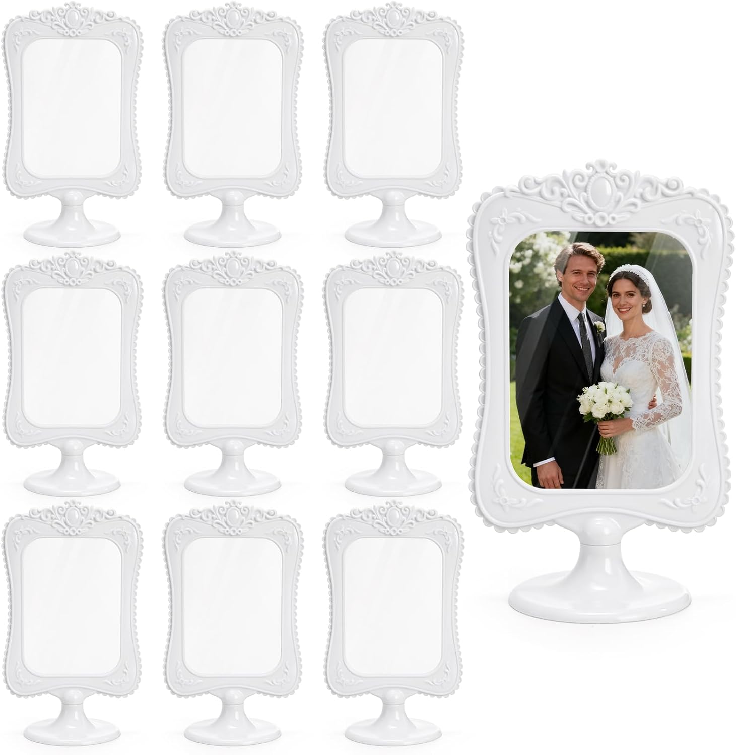 Peohud 10 Pack Double Sided Standing Picture Frames, 4 x 6 Inch White Plastic Pedestal Photo Frames with Inserts and Base for Table Top Display, Wedding, Menu, Vertical Photo Holder Bulk