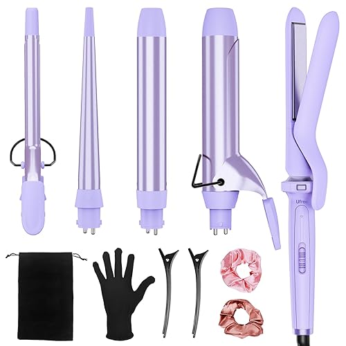 Birthday Gifts for Women, Ufree 5 in 1 Curling Iron with Interchangeable Ceramic Barrels (0.35"-1.25"), Curling Wand Set with Flat Iron Hair Straightener, Instant Heat Up, Dual Voltage Hair Curler - Purple