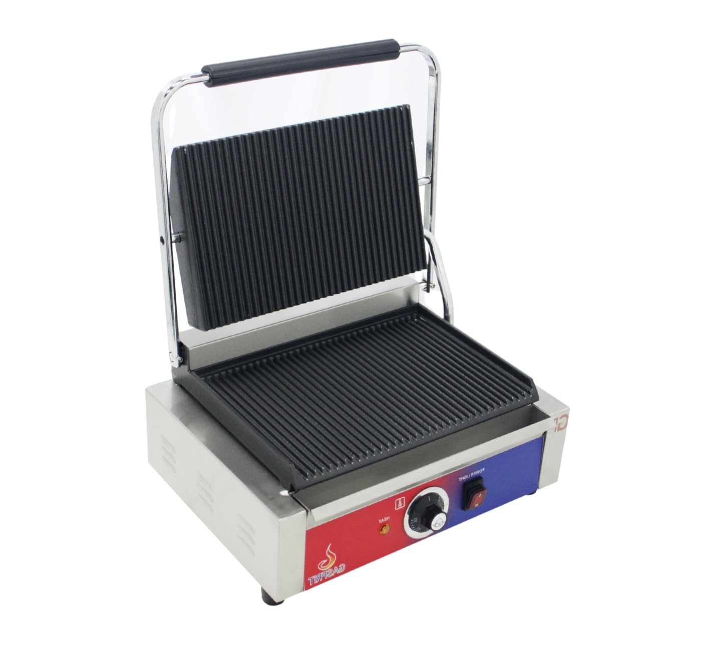 Professioneller elektrischer Kontaktgrill – Grillplatte für Gastgewerbe mit geriffelten Platten aus Gusseisen, Thermostat E.G.O, Edelstahl – Einfach/Doppel (Einzel)