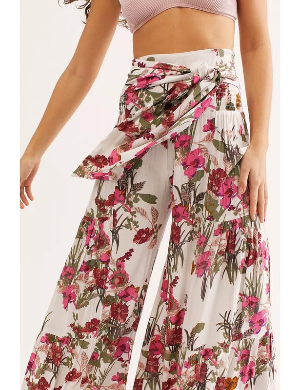 Lrady Women Wide Leg Palazzo Lounge Pants Printed Beach Summer Boho Tie-Waist Bell Bottoms Trousers2