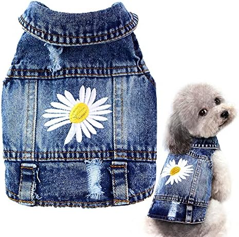 Dog Denim Jacket with Embroidered Daisy, Ripped Vintage Jean Vest...