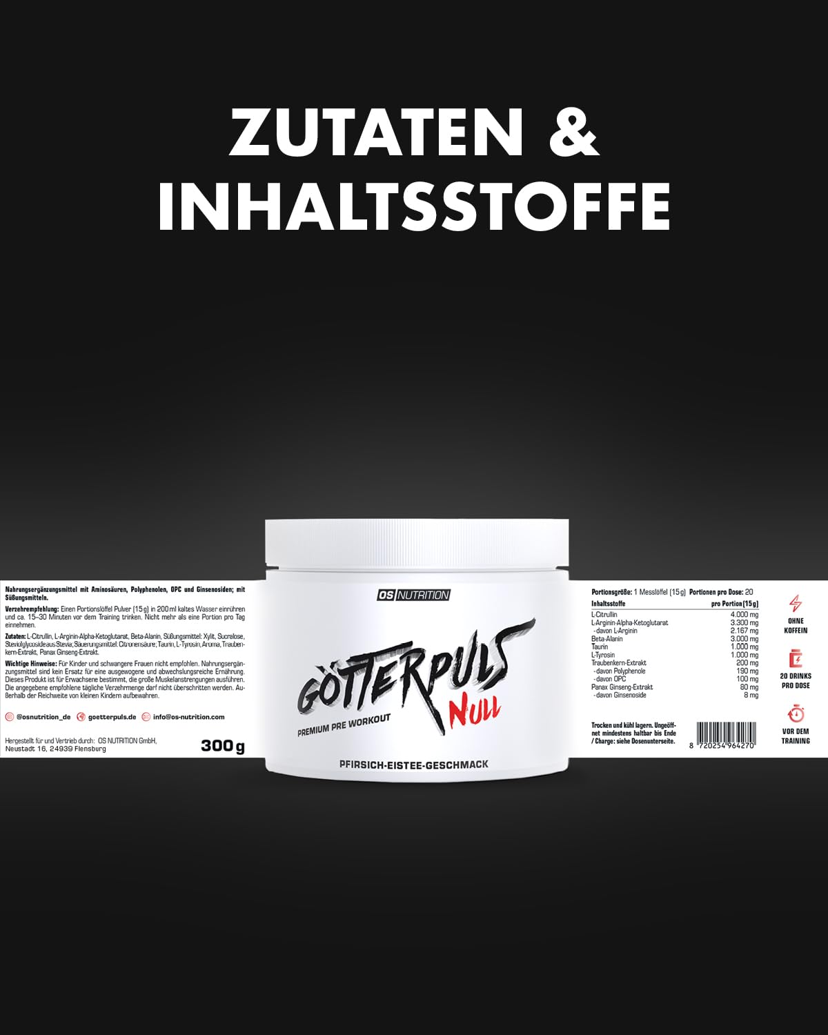 Götterpuls NULL Pre Workout (koffeinfrei) 300g Pulver Pfirsich-Eistee | Mit L-Citrullin, AAKG, L-Tyrosin & Beta-Alanin – Für Kraftsportler – Vegan – Ideal für abends – 20 Portionen