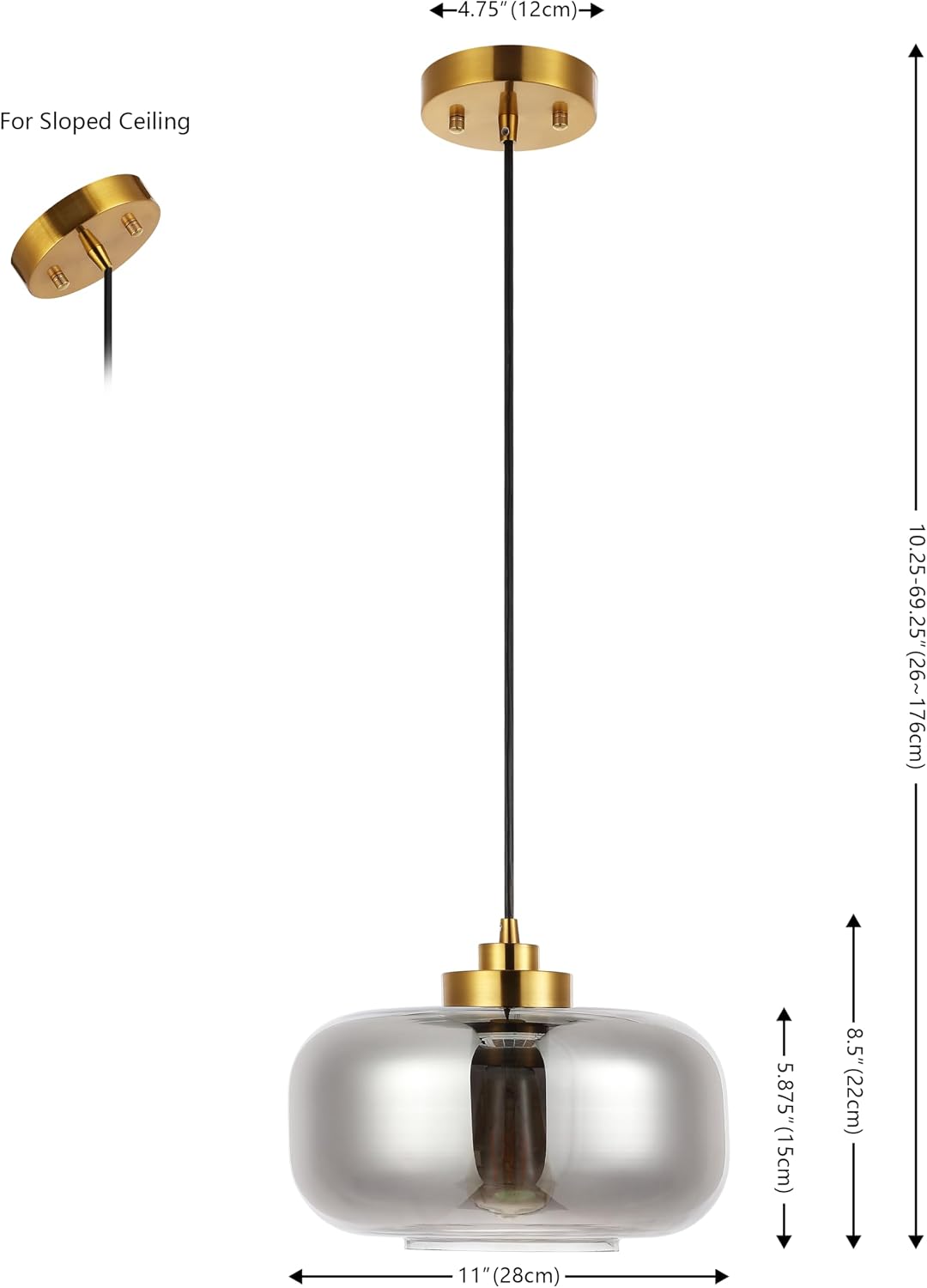 SAFAVIEH Lighting Collection Edge Smoke Grey/Brass Adjustable Pendant Hanging Light Fixture, Ideal for Dining Room, Kitchen Island, Entryway (LED Bulb Included)