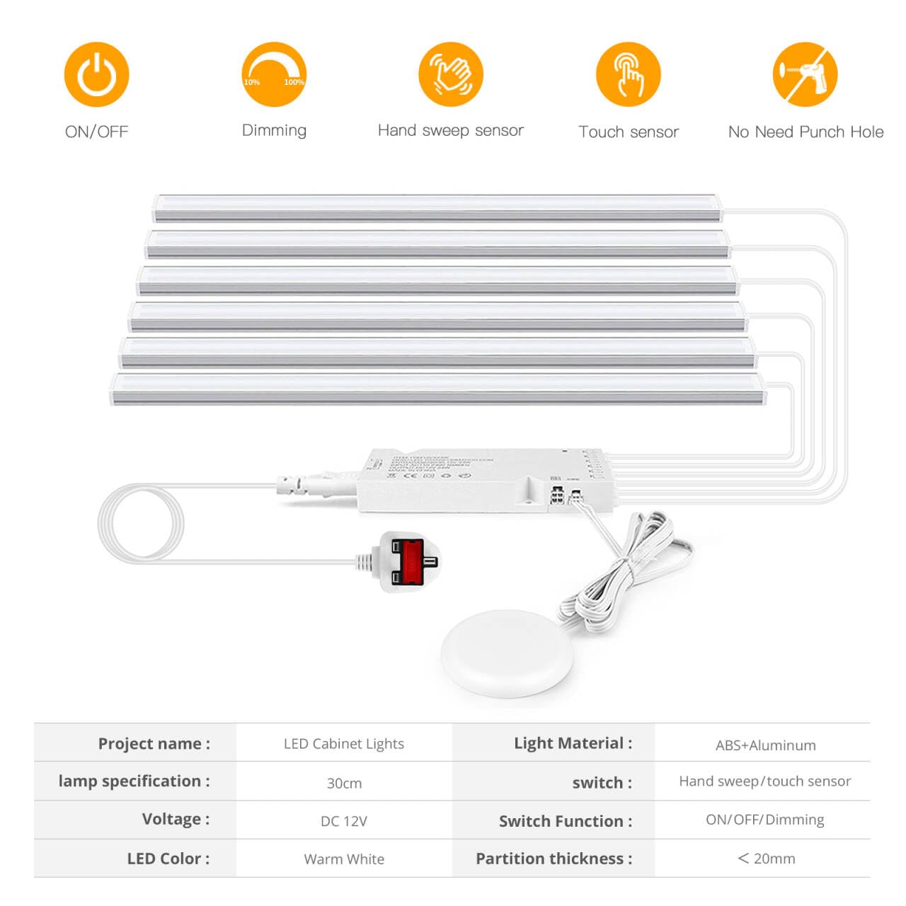 12 V illuminazione sotto armadietto, 6 pezzi 30 cm connessione parallela dimmerabile LED barra luminosa LED 3000 K bianco caldo barra LED per cucina, pannello acustico, vetrina