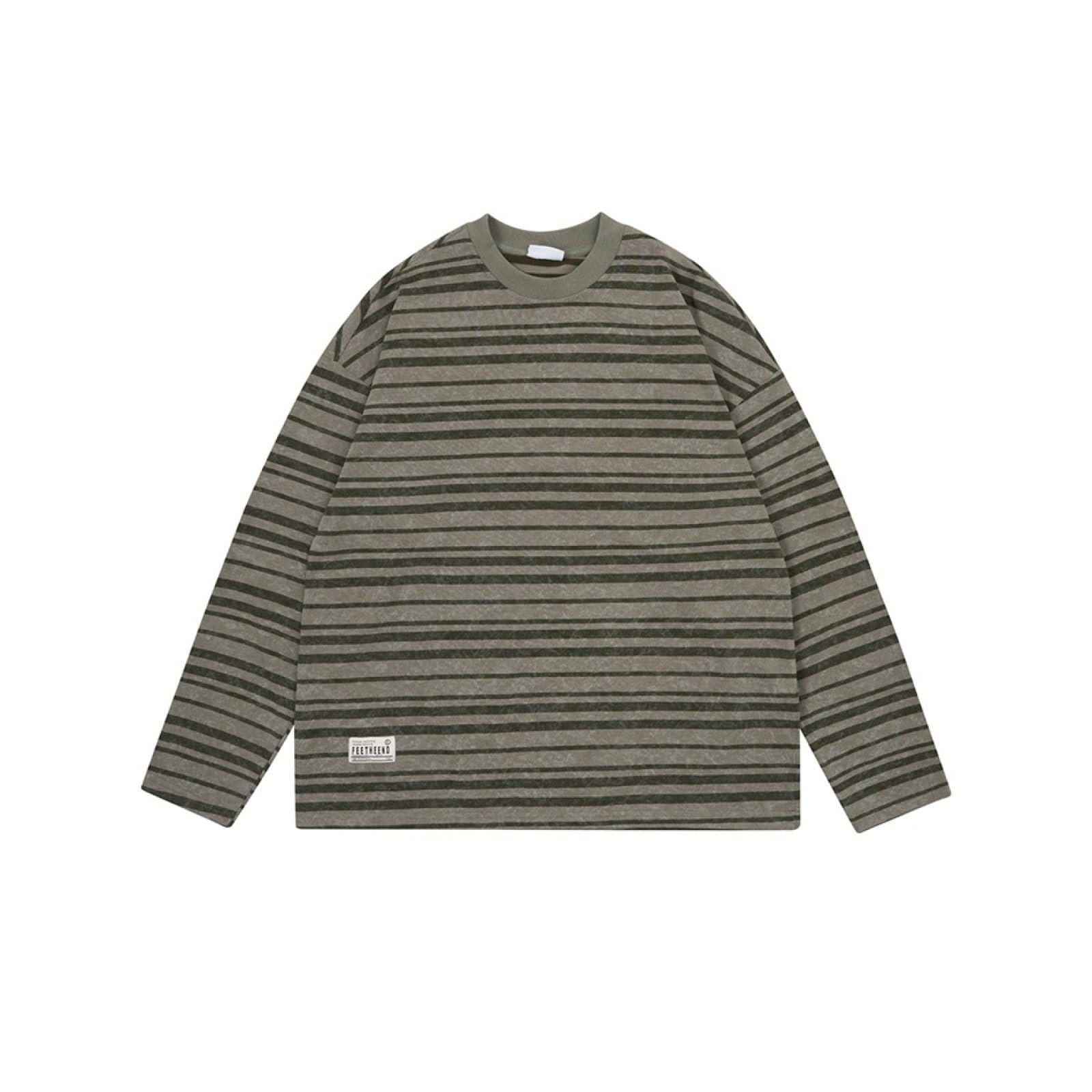 Camiseta Unisex De Algodón Pesado, Camiseta De Manga Corta Informal, Suave Y De Gran Tamaño,Básica,Camiseta A Rayas De Manga Larga, Cuello Redondo Holgado.,Verde Militar,l