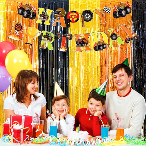 Image of 4 Pack Construction Foil Fringe Curtain-13.2x6.6ft Yellow Orange Black Tinsel Backdrop, Construction Theme Party Supplies for Car, Truck, Caution Tape, Boy Birthday Decoration, Baby Shower