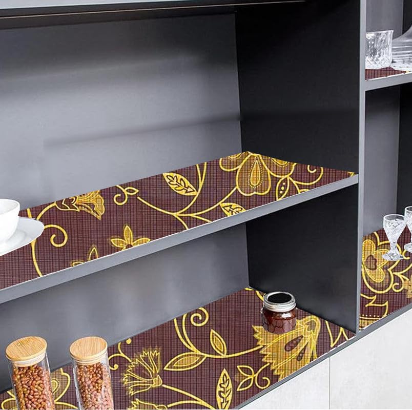 Image of Anti-Slip Kitchen Shelf Liner - 20 Meter Roll, Waterproof Multipurpose Mat for Fridge, Cabinet, Drawer, Trolley & Bathroom - Easy to Cut Floral Blue Print (Brown)