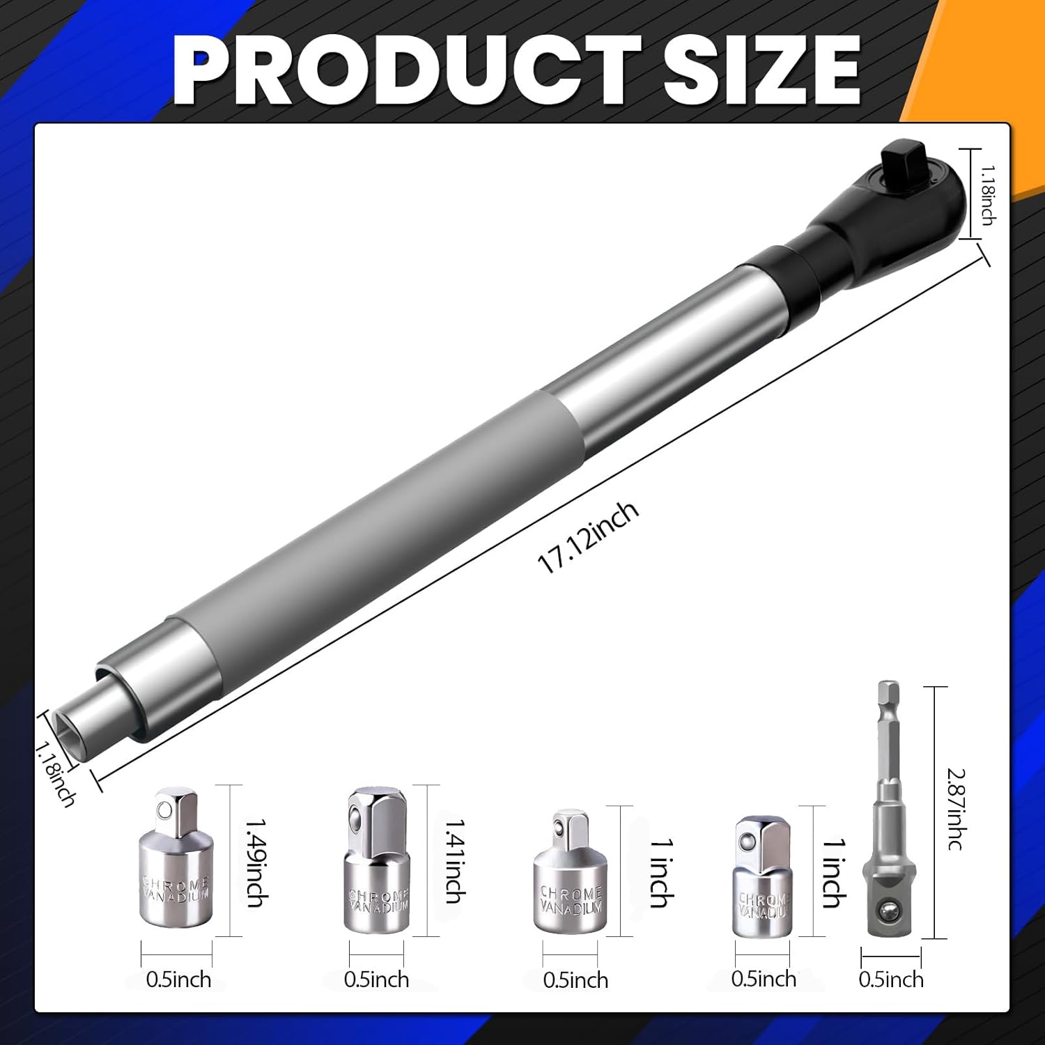 3/8" offset extension wrench, impact ratchet extender for electric drill, with 1/2", 1/4" adapters for tight spaces