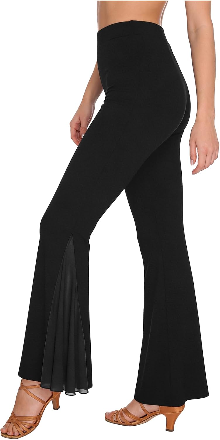 TiaoBug Women's Latin Dance Flare Pants High Waist Bell Bottom Salsa Ballroom Practice Trousers