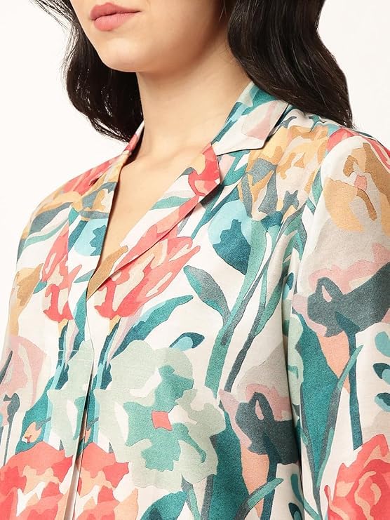 Image of STORIES OF BANNO'S SWAGGER Premium Poly Muslin Floral Co-Ord Set for Women | Soft Pajama Set | Elegant Printed Nightwear Lounge Outfit | Trendy Casual Wear Co-Ord Set