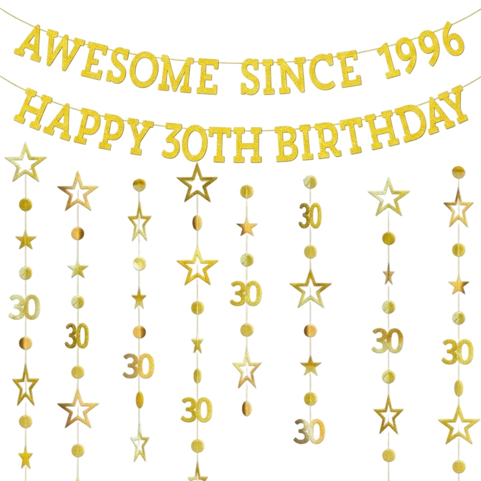 2PCS 30th Birthday Banner, Happy 30th Birthday Decorations, Gold Bunting for Milestone Celebrations, Office and Home Party Decor, 1 Banner and 1 Garland Set