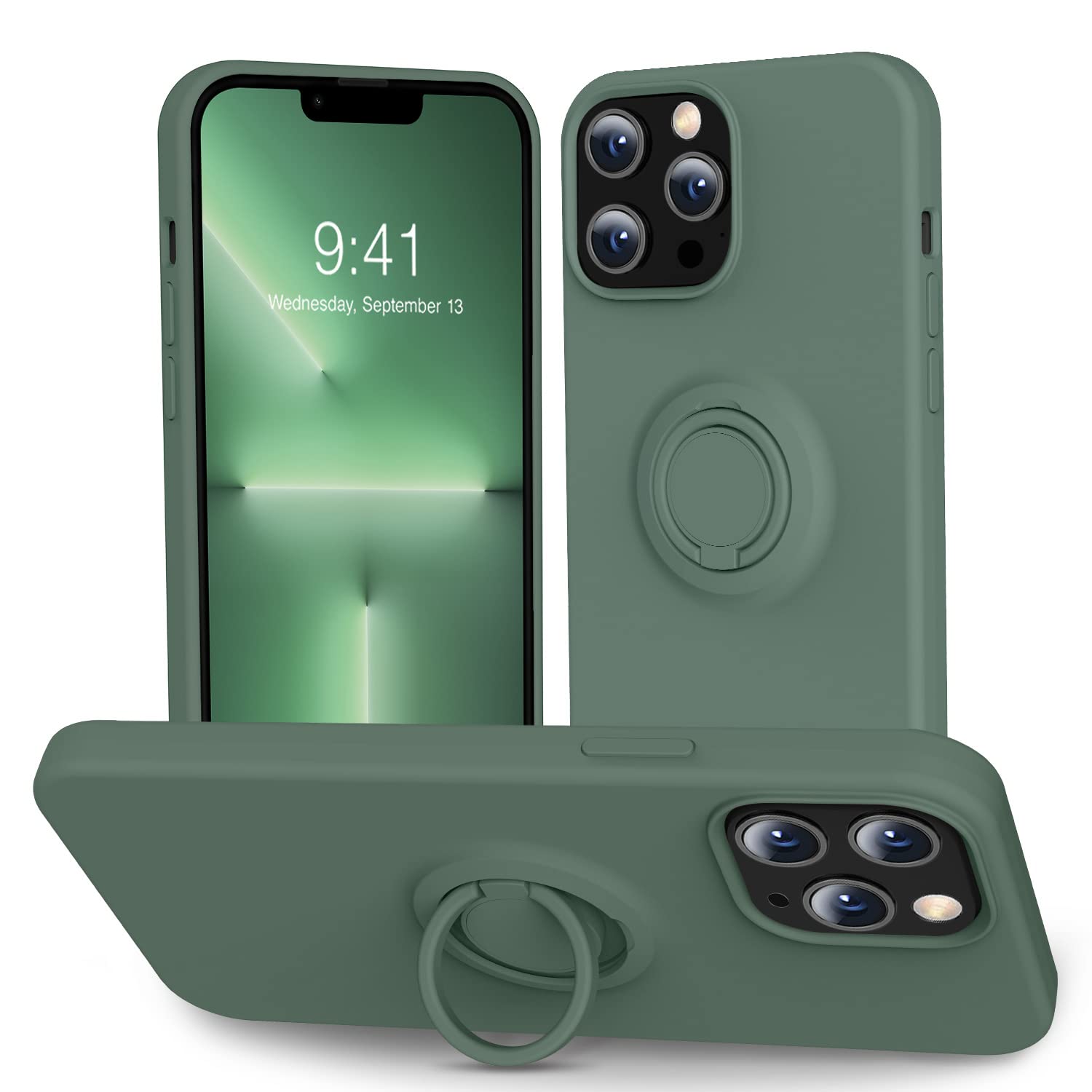 YEQOO Compatible with iPhone 13 Pro Max Case [Liquid Silione with Kickstand] Soft Microfiber Lining | Anti-Scratch Thickening Gel Rubber Drop Full-Body Protection Cover Case - Pine Green