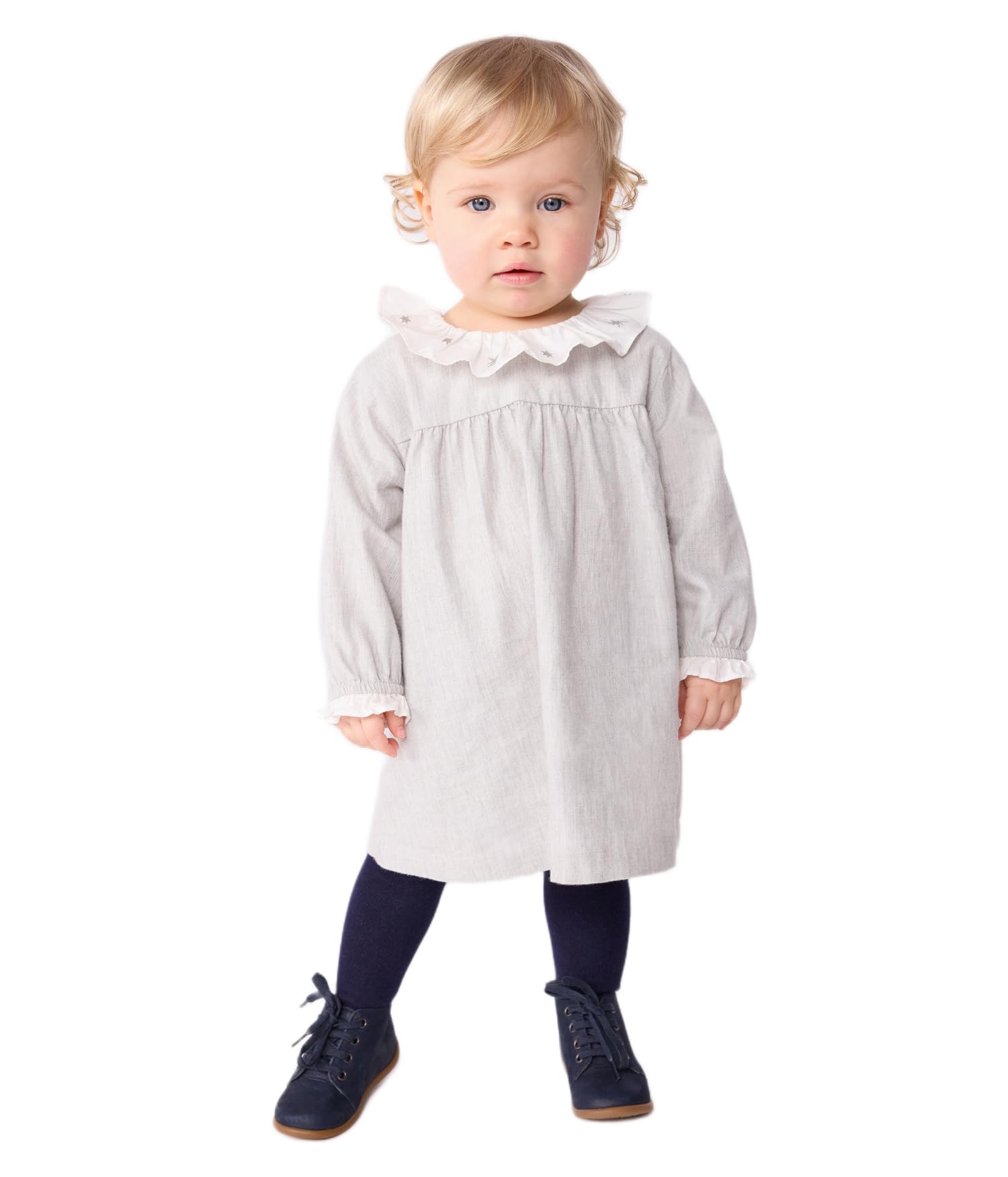 Petit Bateau Flanelowa sukienka dziecięca z długim rękawem i kołnierzykiem