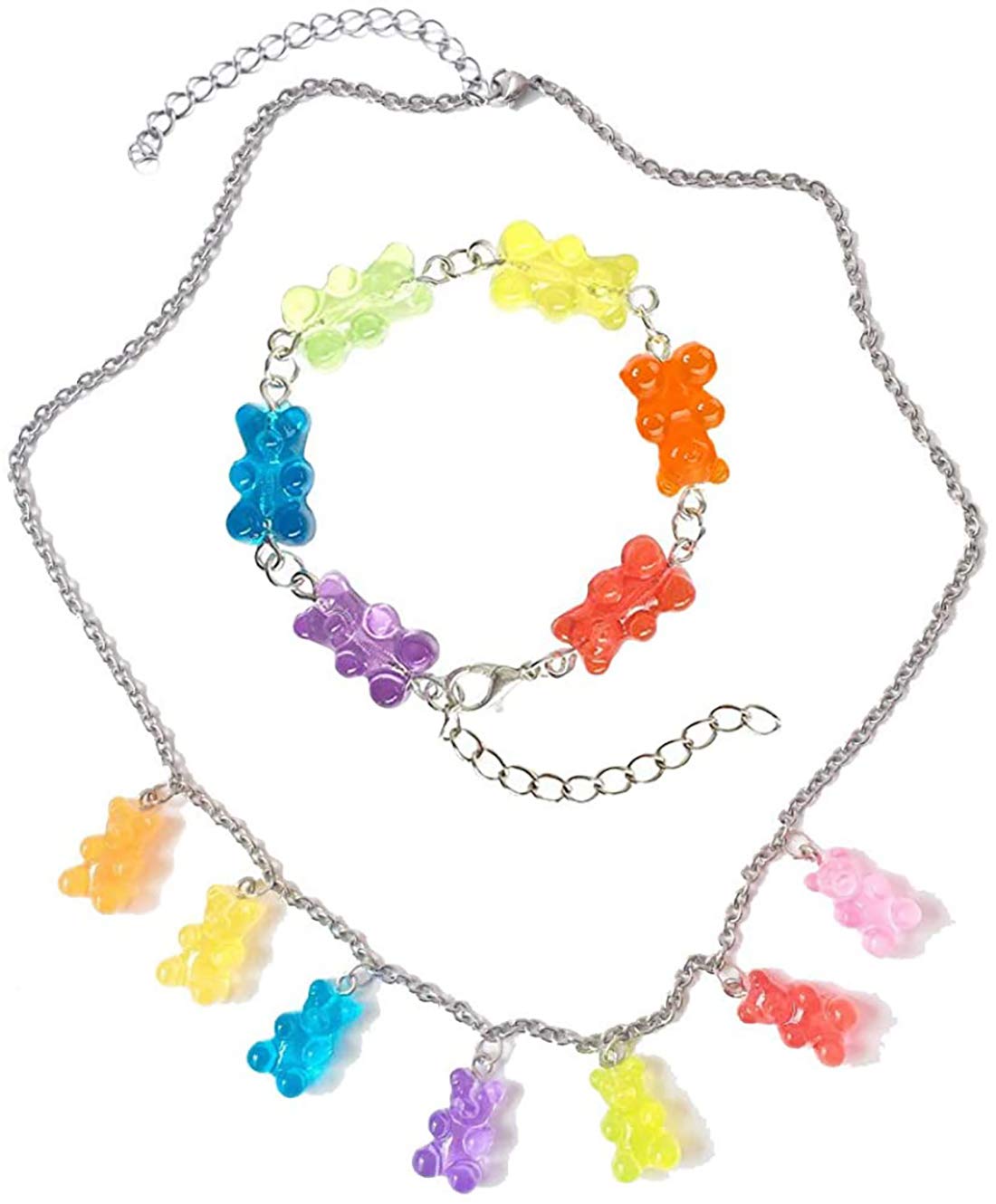 YanZi Jewelry3 Pairs Gummy Bear Earring Colorful Resin Candy Cartoon ling Bear Necklace Bracelet Set Multicolor Crazy Aesthetic Pendant Jewelry for Girls Women