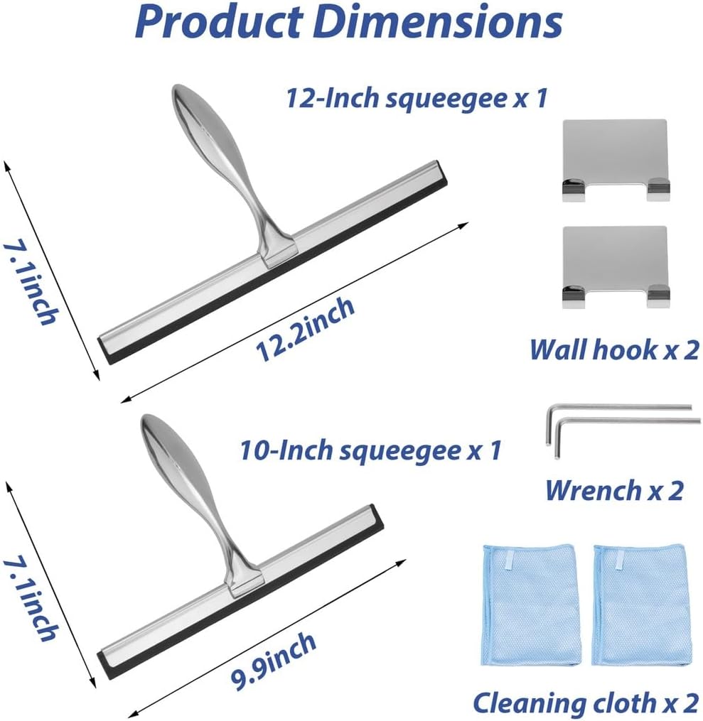 10” & 12” Stainless Steel Shower Squeegees, Pack Of 2, With Wall Hooks And Superfine Microfiber Cloths, Perfect For Bathroom And Window Cleaning