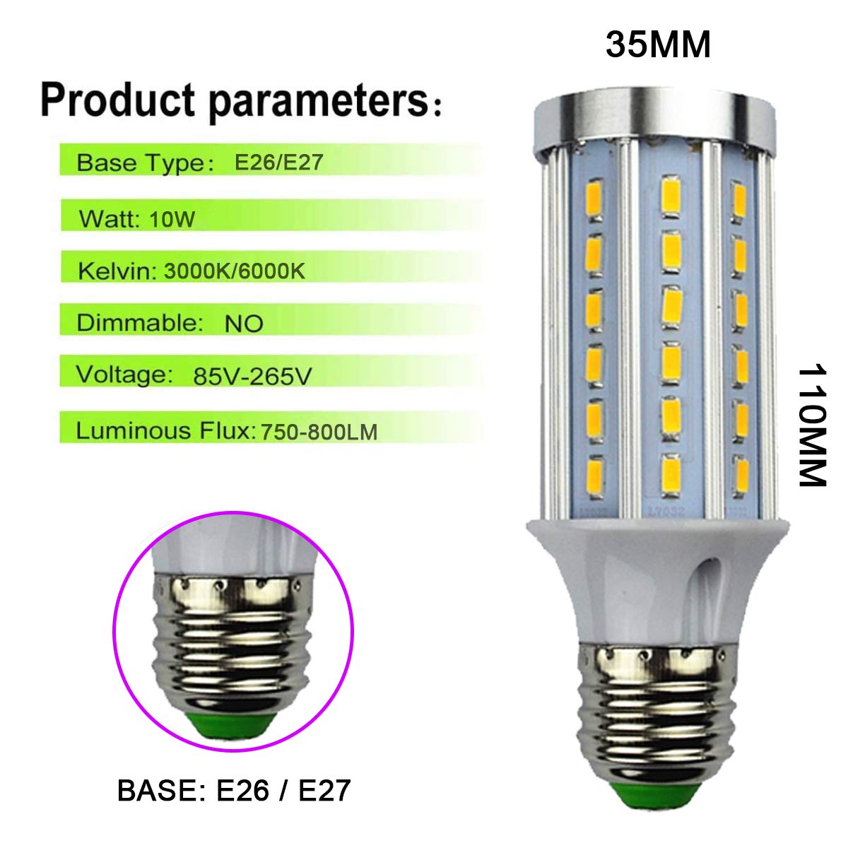 Bombilla LED, Bombilla LED E26/27 de 10 W, Equivalente a bombilla halógena de 80 W, 800 lm, Ángulo de 360, Tornillo E27, No regulable, Sin parpadeo, 85-265 V, Iluminación LED E26/E27