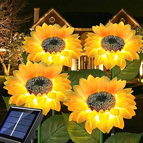 Upgraded 4-Flower Solar Sunflower Lights Outdoor Decor, Waterproof Decorative Artificial Flower Solar Lights for Christmas Summer Memorial Cemetery Grave Yard Patio Garden Flowerbed Gravesite Decor Cover