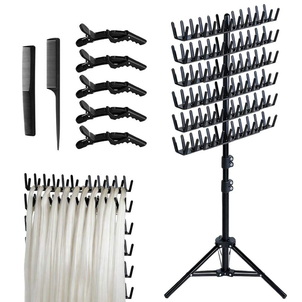 Verstellbarer Haarständer für Flechtfrisuren, Haarverlängerungshalter, 144-Stift Haarverlängerung Halterung mit Haarspangen und Kämme, Höhenverstellbar und Faltbar, für Haarverlängerungen Flechthaare