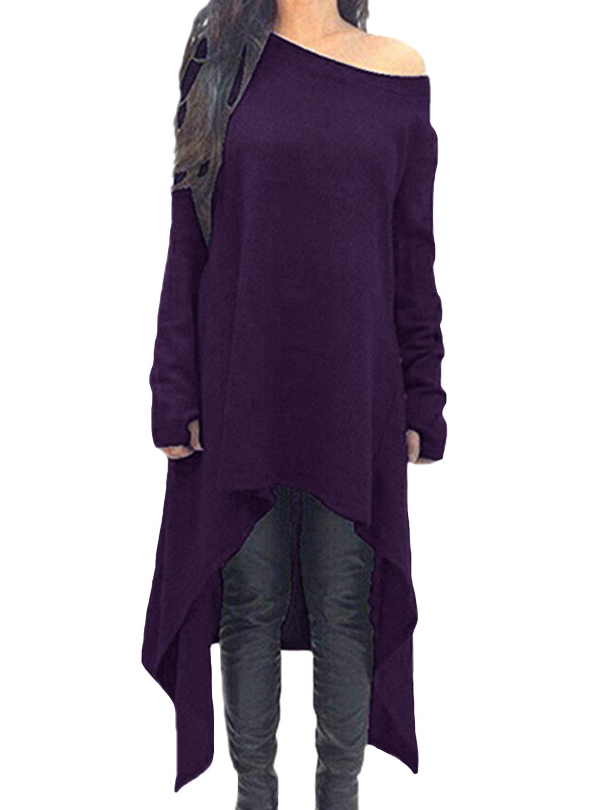 ZANZEA Femme Robe Pull en Maille Oversize HiverTunique Longue Grande Taille Robe Sweat Asymetrique Style de Base Violet XXL