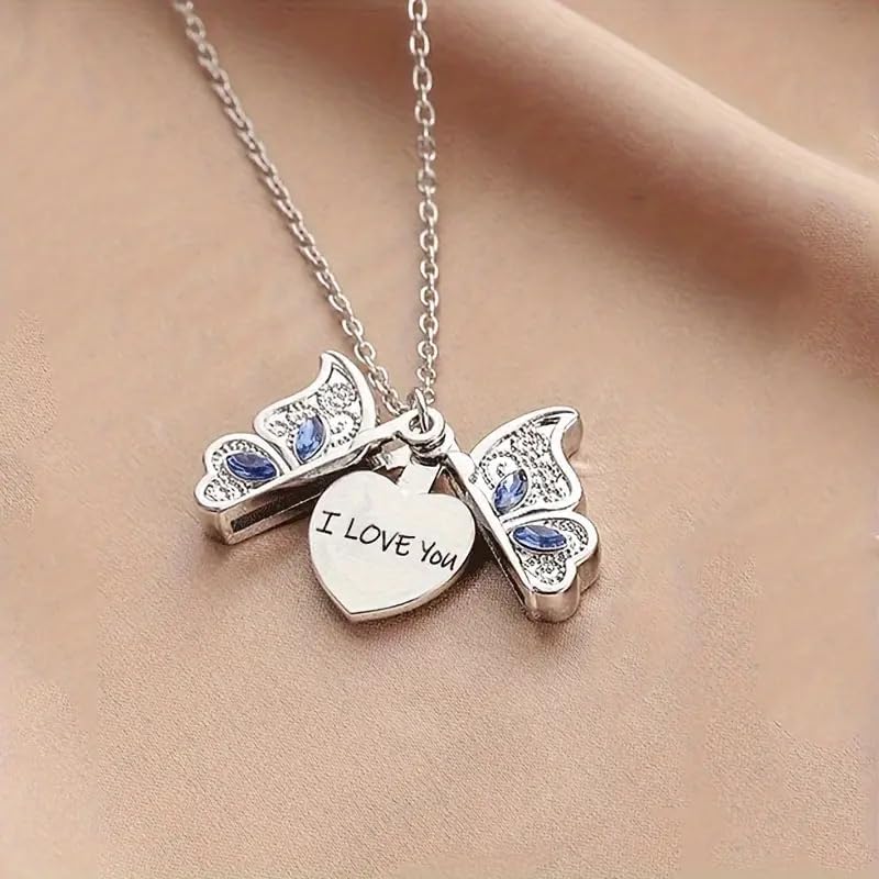 Generic Butterfly Locket Necklace with hidden I LOVE You message heart, Blue/purple for Women Insect Jewelry