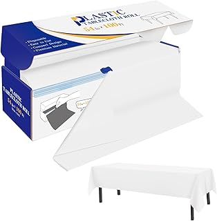Plastic Table Cover Roll White Disposable Table Cloth 54 in x 100 Ft, Plastic Table Cloths with Slide Cutter Table Cover for Parties