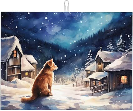 Dish Drying Mat Winter Dog Christmas Snow, 18x24 Inch, Microfiber & Sponge, Animal Print, White