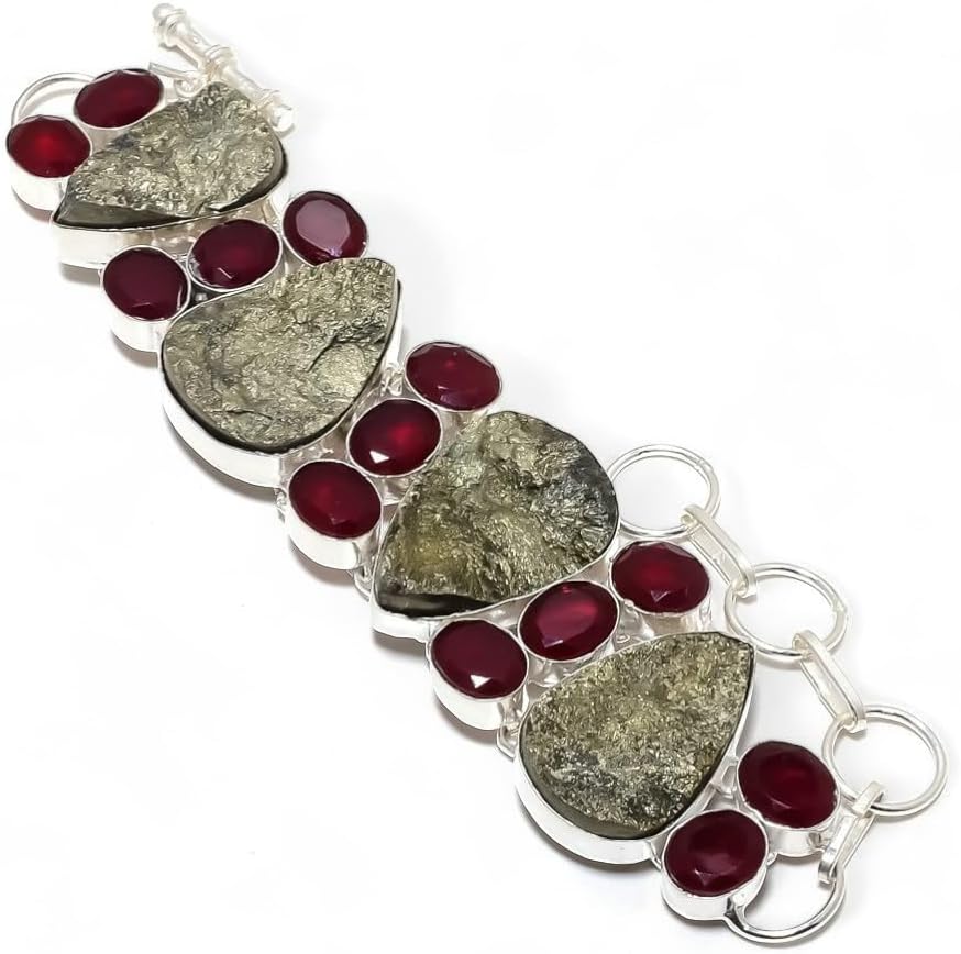 Peruvian Pyrite Druzy, Ruby Gemstone 925 Sterling Silver Jewelry Bracelet 7-8" MQ-997