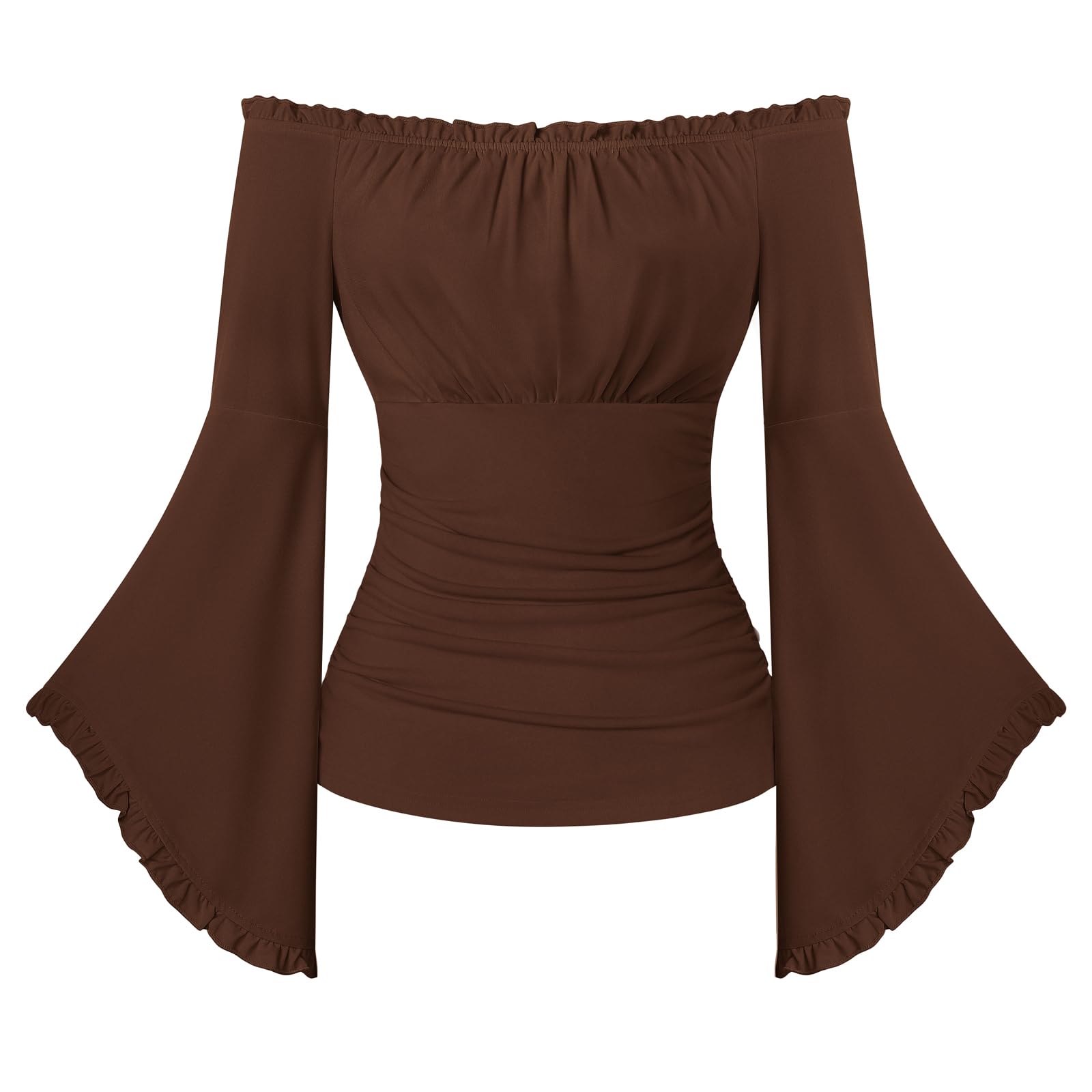 SCARLET DARKNESS Renaissance Pirate Wrap Top Women Off the Shoulder Flare Sleeve Blouse Medieval Gothic Halloween Costume Brown