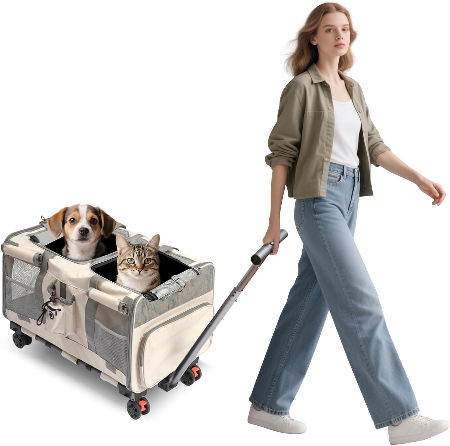 Rolling Pet Carrier for 2 Cats,Double-Compartment Cat Rolling Carrier with Wheels,for Up to 38.5 LBS,Super Ventilated Design,Ideal for Traveling/Hiking/Camping,Airline Approved,Beige